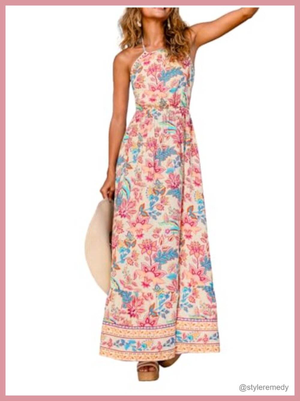Women's Floral Halter Neck Backless Smocked Maxi Dress Sleeveless Casual Summer